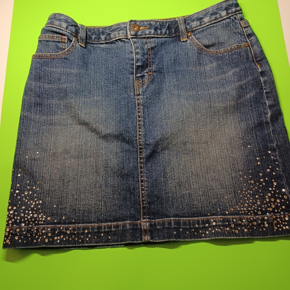 Tommy Hilfiger ultramini jean skirt. Sparkles with rhinestones on front